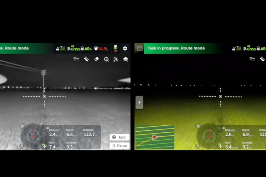 Die Agras T25P ist mit einer Nachtsicht-Farb-FPV-Kamera und 75-Watt-Nacht-Navigationslichtern ausgestattet